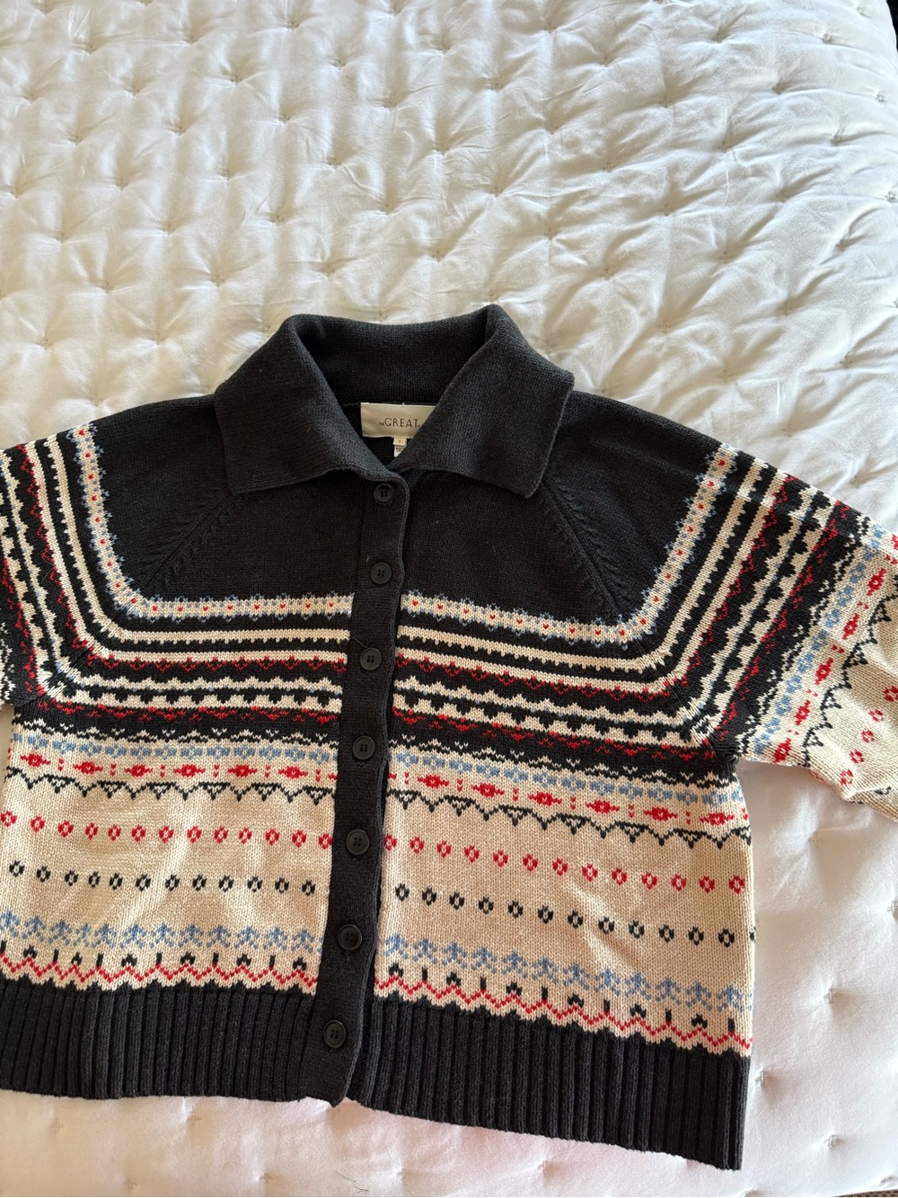 THE GREAT. Short Button-Up Polo Cardigan Sweater - Black, Cream, Red, Blue